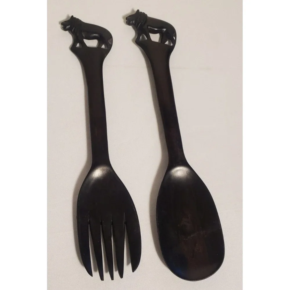 Hand Carved Wood Lion Handled Salad Servers Fork/ Spoon